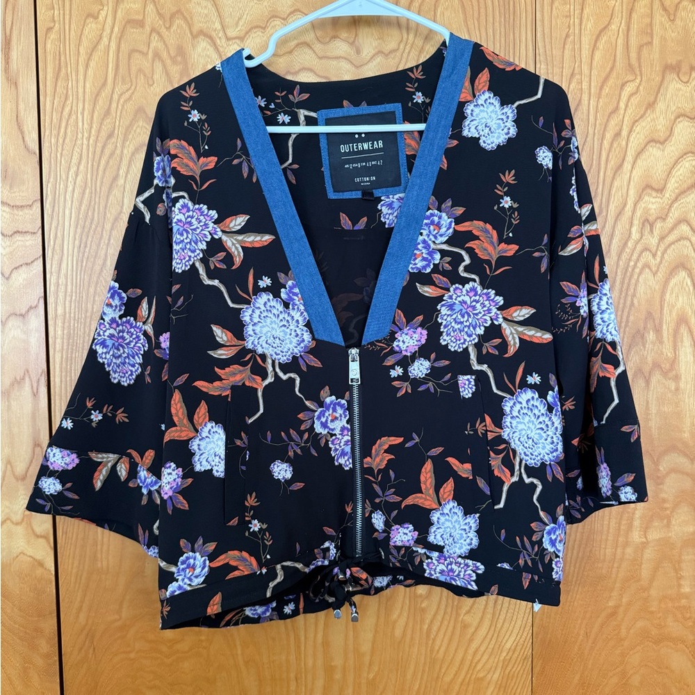 Floral Kimono Cardigan with Blue Trim